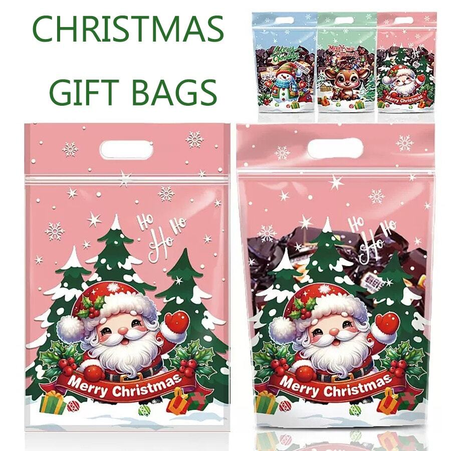 100pcs Christmas Gift Bags, Plastic Stand-Up Pouches, Mixed Color Festive Packaging, With Santa, Reindeer & Snowman Designs, For Holiday Presents, Snacks, And Party Favors, Suitable For Christmas, New Year, And Thanksgiving(10/50/100pcs)