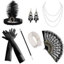 9 pièces Ensemble d'accessoires élégants et sexy de style vintage des années 1920 pour femmes, comprenant un serre-tête en plumes, un collier de perles, des gants, un éventail en dentelle, des bijoux pour les mains. Parfait pour une soirée Gatsby, un bal masqué, des événements, le bal de promo, Halloween