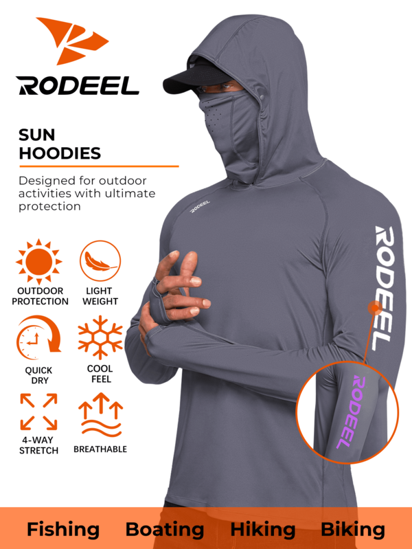 RODEEL Sun Hoodie Shirts UV Detection Logo Mask Neck Gaiter Thumbhole Men UPF 50+ Long SleeveT-Shirt Lightweight Quick Dry Moisture Wicking Breathable Cooling Athletic Activewear For Outdoor Sport Fishing  Beach Exploration And Hunting Equipment CampingCycling, Hiking And Traveling Gifts For Men