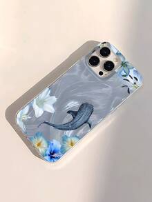 1pc New Shark & Flower Pattern Waterproof, Fingerprint-Proof, Scratch-Resistant Transparent IMD Soft Glossy Smooth Phone Case Shockproof Anti-Fall - Multicolor - View 5