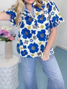 1Pcs Women's Beautiful Floral Ruffle Sleeve Top, V-Neck, Ruffle Cuffs, Front Button Detail, Casual Top, Machine Washable, Autumn Women's Clothing - Màu xanh lam - Xem 4