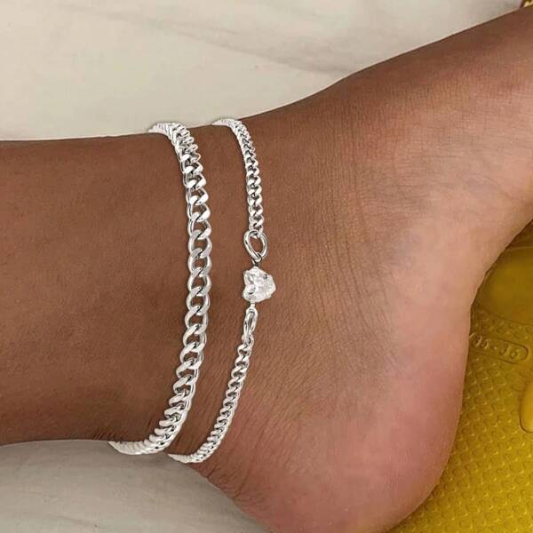 2pcs Heart Rhinestone Stainless Steel Chain Anklet Set, Simple Women Gift For Date, Vacation, Daily Wear