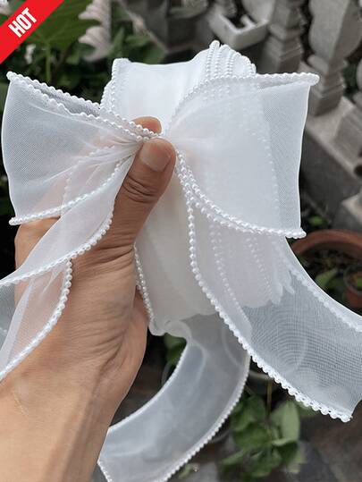 1pc Fish Tail Pearl Decorated Ribbon, Pearl Edged Floral Ribbon Bow Hair Clip, DIY Wavy Ribbon, Gift Wrapping Ribbon, Decorative Ribbon, Suitable For Hair Clips, Bows, Weddings, Valentine's Day, Mother's Day, New Year, Birthdays, Headbands, Flowers, Gifts, Cakes And Baked Goods Packaging, Bows, DIY, Gift Boxes And Bouquets, Halloween, Christmas