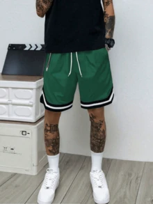 男士休闲运动短裤，拉链口袋，健身房锻炼短裤，抽绳腰带，篮球短裤，弹力轻便运动裤，适合篮球、棒球、健身、跑步、训练、运动、户外活动，父亲节夏季礼物 - 綠色 - 查看 3