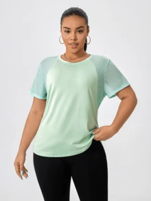 Plus Size Sporty Casual Yoga Patchwork Short Sleeve T-Shirt Summer Sports - Green - View 4