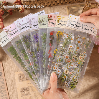 80-110 piezas Paquete de pegatinas de cuaderno de la serie Libro de la Naturaleza, material impermeable de PET, adecuado para hacer cuadernos, decorar sobres, tarjetas de felicitación, envoltorios de regalo, regalos o decoraciones asequibles de Año Nuevo y Festival de Primavera, 8 modelos a elegir: margaritas, eucalipto, trébol, rosas, iris, lavanda, hojas verdes, crisantemo