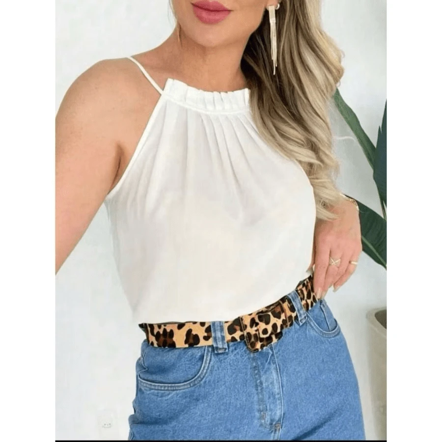 Regata feminina de alça com detalhe de babado - Branco - Visão 1