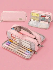 1 件全新双拉链铅笔袋，适合返校、学校用品、铅笔袋 - 黑色 - 查看 2