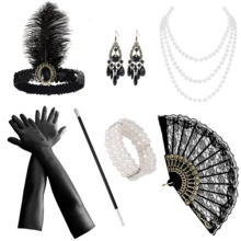 9 件 20 世纪 20 年代复古风格优雅性感女士派对配饰套装，包括羽毛头带、珍珠项链、手套、蕾丝扇子、手饰，非常适合盖茨比派对、化妆舞会、活动舞会万圣节