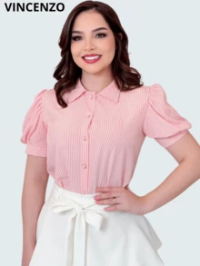 Striped Dress Shirt, Short Sleeve Collar, Evangelical Fashion, Buttons On The Front - Light Pink Stripes - View 1