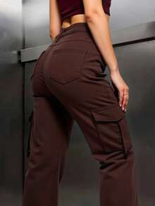 Pantalón jeans mezclilla cargo mujer dama femenino tiro alto recto ancho  trendy original día noche casual juvenil sexy moderno oficina trabajo surprise jeans - Café integral - Ver 3