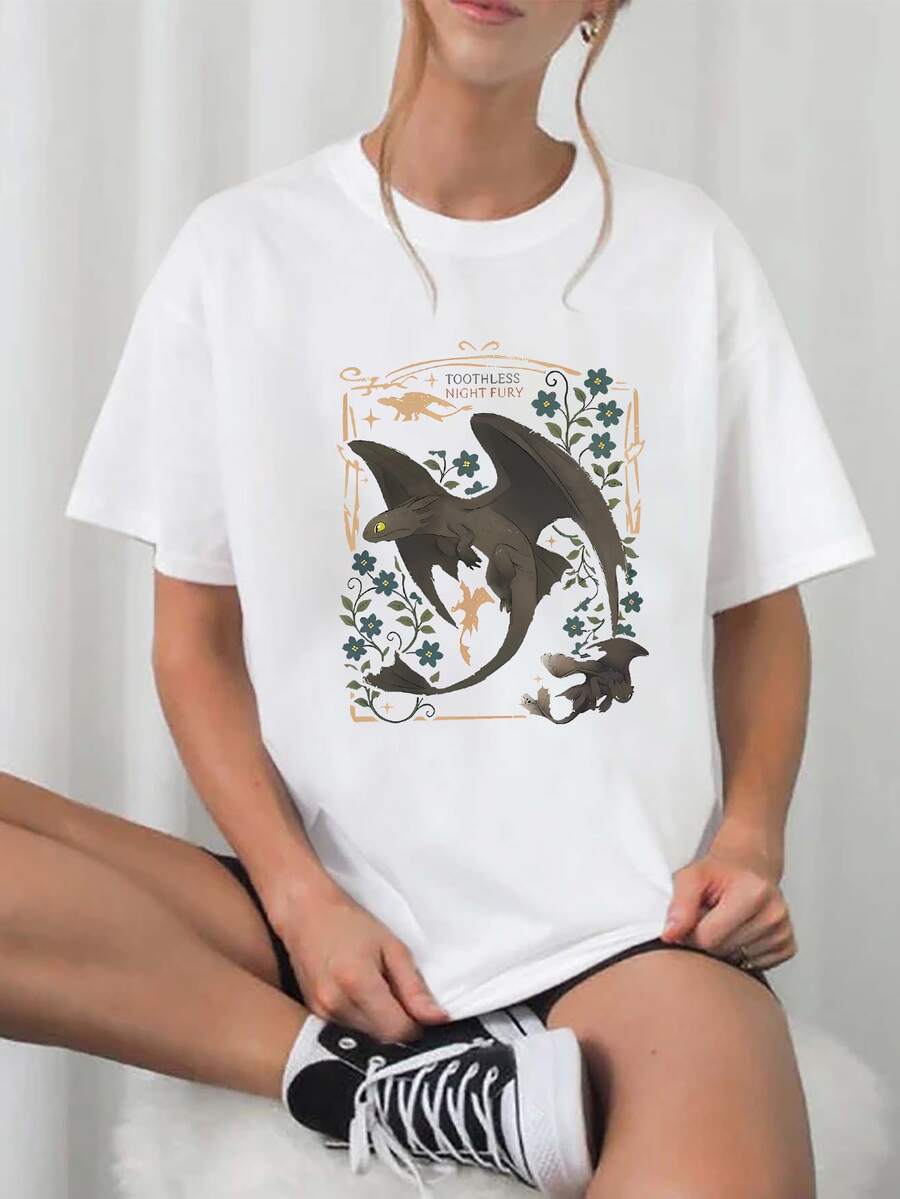 Toothless Night Fury Graphic T-Shirt, Summer And Spring Short-Sleeved Round Neck Casual Top, Women's T-Shirt - 白色 - 查看 1
