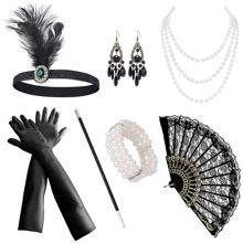 9 pièces Ensemble d'accessoires élégants et sexy de style vintage des années 1920 pour femmes, comprenant un serre-tête en plumes, un collier de perles, des gants, un éventail en dentelle, des bijoux pour les mains. Parfait pour une soirée Gatsby, un bal masqué, des événements, le bal de promo, Halloween