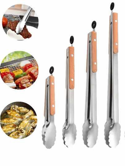 1 pieza Pinzas para comida de acero inoxidable y madera, Pinzas para BBQ coreano, Pinzas para bistec, Pinzas para barbacoa extra largas, Adecuadas para hotel/hogar/exterior/jardín/BBQ, Navidad, Halloween