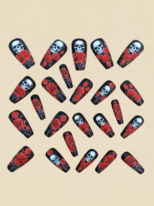 Peça de Arte de Unhas com Padrão de Crânio em Forma de Balé de Comprimento Médio com 24 Peças Destacáveis em Tons de Vermelho e Preto, Adesivos de Unhas Adequados para Senhoras e Meninas, Adesivos de Unhas Falsas Brilhantes e na Moda, Atualize seu Visual e Mostre o Charme de suas Pontas dos Dedos, Unhas de Halloween, Unhas Adesivas, Suprimentos de Unhas