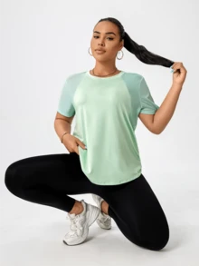 Plus Size Sporty Casual Yoga Patchwork Short Sleeve T-Shirt Summer Sports - Green - View 9