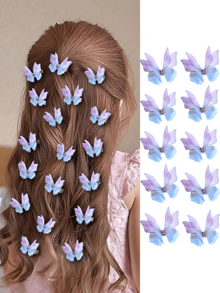 Bộ 10 chiếc kẹp tóc hình bướm hai lớp bằng vải tuyn pha lê màu hồng cho bé gái, phụ kiện tóc kiểu công chúa dễ thương, kẹp tóc, thích hợp cho mùa hè, kỳ nghỉ, du lịch, lễ hội, sinh nhật. - Màu tím xanh - Xem 1