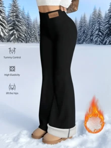 女士高腰喇叭裤，加厚保暖内衬，纯色弹力腰修身打底裤，秋冬款