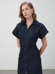 HZXVIC Women's Elegant Turndown Collar Short Sleeve Button Decor Fitted Long Dress, Autumn