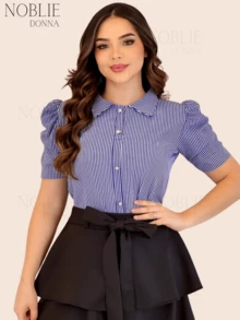 Women's Short Sleeve Striped Dress Shirt Elegant Blouse With Buttons On The Front Office - 藍色條紋 - 查看 6