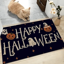 1 pieza Decoración del hogar, Alfombra de gel de sílice con estampado de calabaza fantasma, fácil de limpiar, rectángulo impreso en 3D, Halloween, regalo de Halloween, adecuado para entrada, sala de estar, cocina, dormitorio, pasillo, baño, lavandería - Alfombra de poliéster, adecuada para decoración del hogar interior y exterior