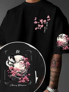 "Summer T-Shirt" Breathable Polyester Men's Cherry Blossom Print T-Shirt, Loose Version Of Street Clothing T-Shirt, With Floral Design, Round Neck Summer Casual Shirt, Suitable For Casual Wear - 黑色 - 查看 1