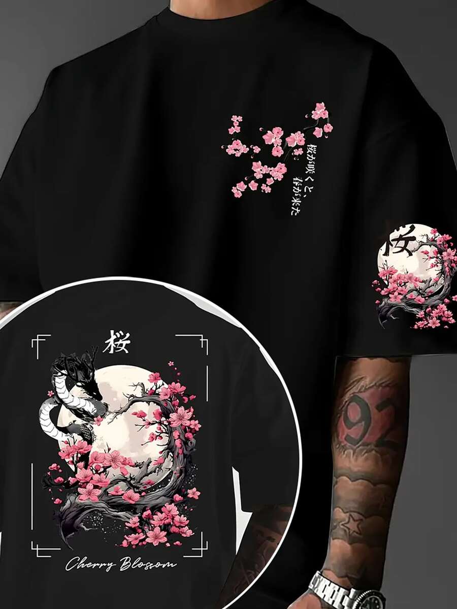 "Summer T-Shirt" Breathable Polyester Men's Cherry Blossom Print T-Shirt, Loose Version Of Street Clothing T-Shirt, With Floral Design, Round Neck Summer Casual Shirt, Suitable For Casual Wear - 黑色 - 查看 1