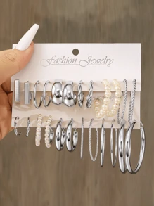 48/24/12 件时尚精致的多元素吊坠耳环，包含蝴蝶、仿贝壳、心形、锁、蘑菇、花朵形状、极简几何方块、大圈、扭曲 C 形耳环、优雅仿珍珠耳饰，适合女性日常搭配、约会、派对，也是理想的节日珠宝礼物 - 銀色 - 查看 8