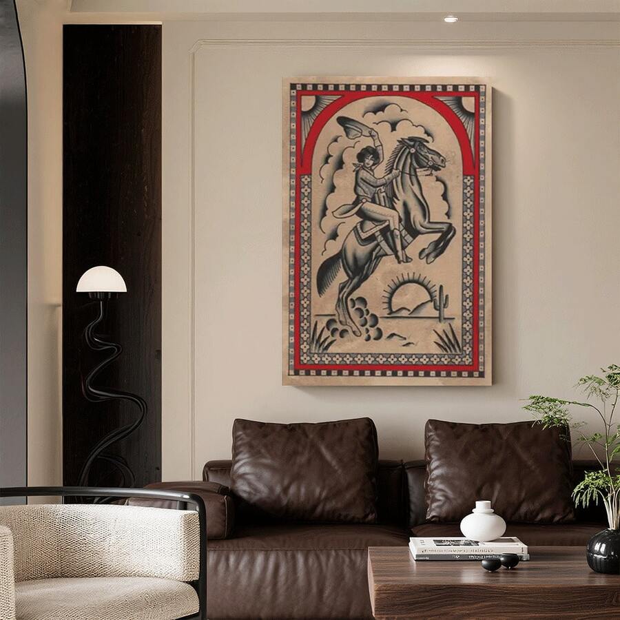 Framed Art Deco Modern Retro Canvas Art Print, Cartoon Knight On Horse Theme Wall Hanging Decor,  Ink Poster For Home Office, Bathroom, Living Room, Bedroom - Indoor Artwork Decoration - Đóng khung (Framed) - Xem 1