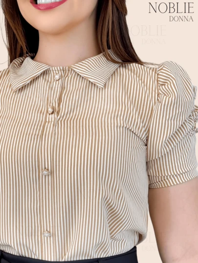 Camisa Social Manga Curta Listrada Blusa Feminina Elegante Botões Na Frente Escritório