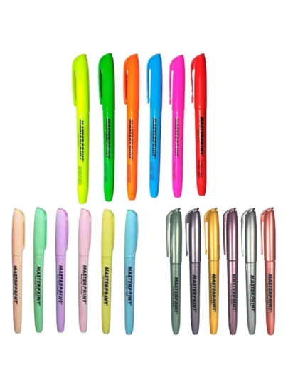 Kit com 18 Marca Texto 6 Metálico + 6 Neon + 6 Pastel Masterprint