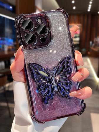 Luxury Electroplated Purple Phone Case With Creative Butterfly Stand Holder, Rhinestone Glitter Sparkle Y2k Style, Drop-Resistant, Anti-Drop,Summer New Fashion Silicone Shockproof Protective Soft Cover Compatible With IPhone 16 16e 15 14 13 12 11 X XS XR 8 7 Plus Pro Max Mini, Samgsung Galaxy S24 S25 Ultra, Compatible With Xiaomi Redmi, Compatible With Huawei Honor OPPO Reno MOTO Infinix Men / Women 2025