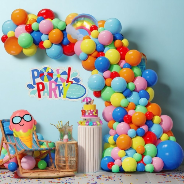 134pcs Pool Party Themed Balloon Arch Set With Long-Lasting Colors And Creative Design, Featuring Macron Colored Latex Balloons And Rainbow Aluminum Film Balloons, As Well As Summer Event Themed Decorative Items