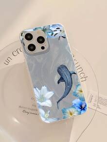 1pc New Shark & Flower Pattern Waterproof, Fingerprint-Proof, Scratch-Resistant Transparent IMD Soft Glossy Smooth Phone Case Shockproof Anti-Fall - Multicolor - View 1