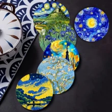 6 件/套梵高艺术风格木制杯垫、饮料杯垫、装饰桌垫，适合家居装饰，非常适合圣诞节和万圣节，独特的乔迁礼物，1 套 6 件，300 套 1800 件 - 彩色 - 查看 5