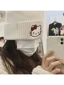 3pcs Sanrio Hello Kitty Knitted Beanie Hat, Cute Embroidered Warm Headwear For Autumn/Winter