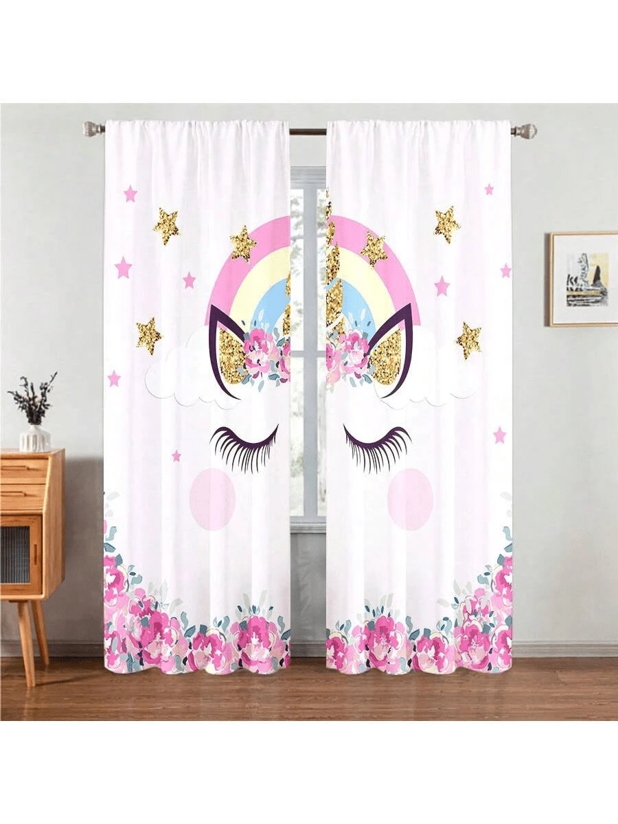 2 件装可爱独角兽睫毛带花印花窗帘 穿孔窗帘 参考卧室、办公室、厨房、客厅、书房、家居装饰 - 彩色 - 查看 1