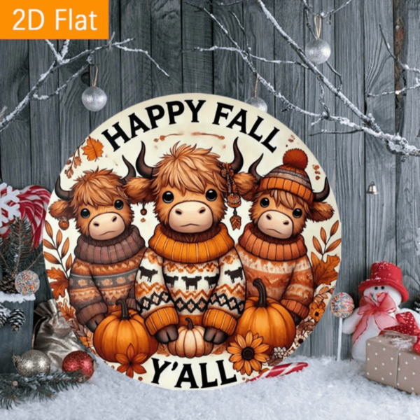 1 pieza Letrero de corona de vaca de las tierras altas "Happy Fall Y'All" en diseño plano 2D - 20 x 20 cm, arte de pared de metal redondo vintage, diseño plano 2D, adecuado para decoración del hogar, porche, jardín, cocina, bar, cafetería - Duradero y fácil de colgar - Decoración de Halloween, decoración del hogar, decoración de dormitorio, decoración de pared, decoración de fiesta, decoración de patio exterior, gran regalo, decoración perfecta de la habitación Decoración de Halloween Decoración de la habitación Decoración de jardín de Halloween para regalo Decoración de vacaciones Decoración de festivales