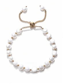 1pc Vintage White Pearl & Blue Crystal Asymmetrical Beaded Bracelet - Multicolor - View 11