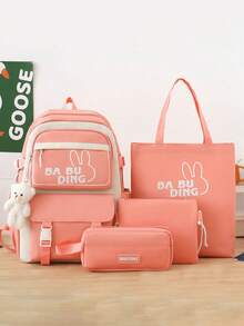 4件组合包 时尚简约可爱大容量多口袋实用耐用双肩包套装女生日常上班休闲度假郊游单肩包背包文具包手提包小学生初中生高中生大学生开学必备带挂坠背包 - 西瓜粉 - 查看 1