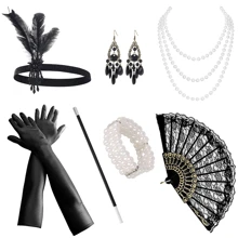 9 pièces Ensemble d'accessoires élégants et sexy de style vintage des années 1920 pour femmes, comprenant un serre-tête en plumes, un collier de perles, des gants, un éventail en dentelle, des bijoux pour les mains. Parfait pour une soirée Gatsby, un bal masqué, des événements, le bal de promo, Halloween