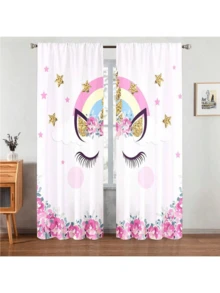 2 件装可爱独角兽睫毛带花印花窗帘 穿孔窗帘 参考卧室、办公室、厨房、客厅、书房、家居装饰 - 彩色 - 查看 16