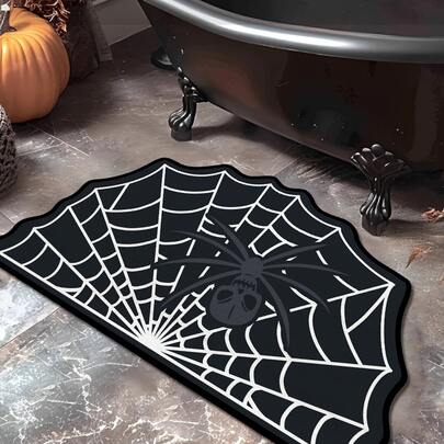 1pc Halloween Spider Web Doormat - Non-Slip, Machine Washable, Polyester Fiber, Gothic Plush Area Rug For Bathroom, Kitchen, Front Porch - Indoor Spooky Cobweb Throw Rug Decor