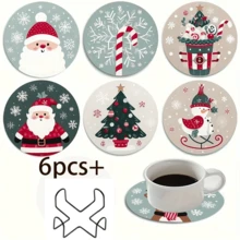 8/6 Pcs Christmas Themed Round Wooden Coasters, Suitable For Beverages, Tea And Coffee Cups, Featuring Simple Santa Claus Patterns, Great For Home And Restaurant Decoration, Essential Holiday Gift Home Decor Christmas Decorations Room Decor - Multicolor - View 15