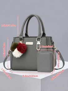 大容量毛球装饰小钱包女士手提包，商务休闲单肩包，母亲节礼物，适合职业女性、OL，非常适合工作、商务、通勤、上学等场合。 - 深灰色 - 查看 2