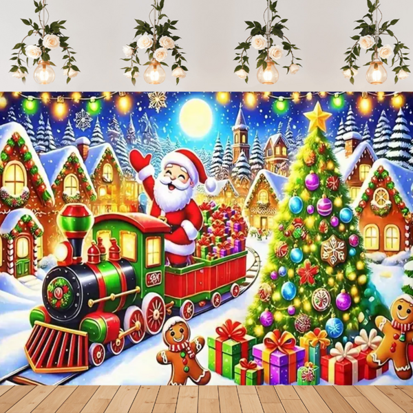 Santa Claus Driving Train, Christmas Tree, House, Moon, Teddy Bear Christmas Background Banner, Christmas Party Celebration Decoration Photography Backdrop