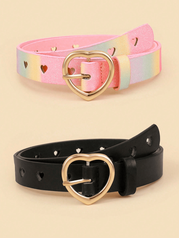2 pièces Ceinture de taille pour enfants avec boucle en forme de cœur, ceinture de taille en PU ajouré pour jeans, robes, ceinture de taille pour étudiants