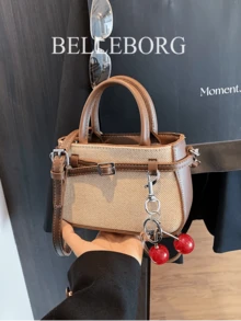 Casual Contrast Color Texture Versatile Commute Retro Leather Buckle Small Handbag With Pendant For Women - Coffee - View 3