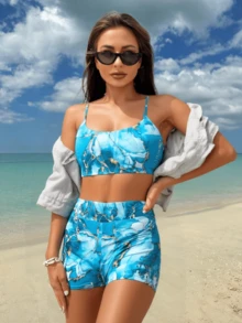 Swim Lushoire Summer Beach Marble Print Shorts Bikini Set - Blue - View 2