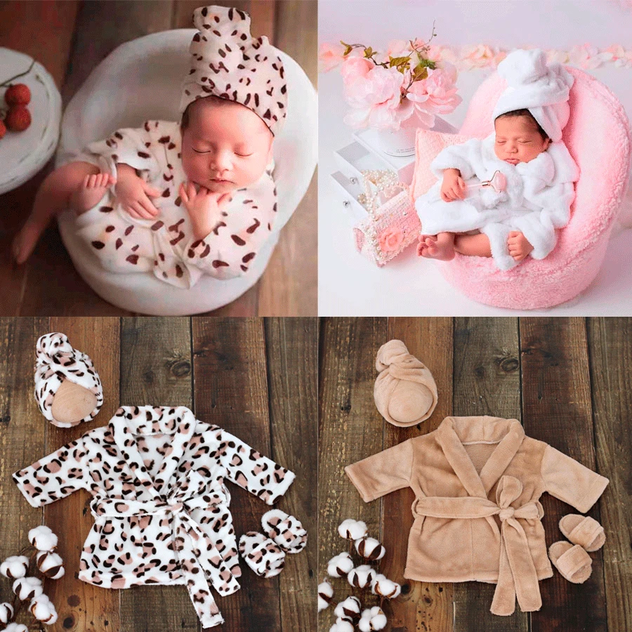 4 Stücke/Set Neugeborenen Fotografie Requisiten Bademantel Outfit mit Hausschuhen Baby Fotoshooting Requisiten Bademantel Foto Zubehör für Säuglinge Jungen Mädchen